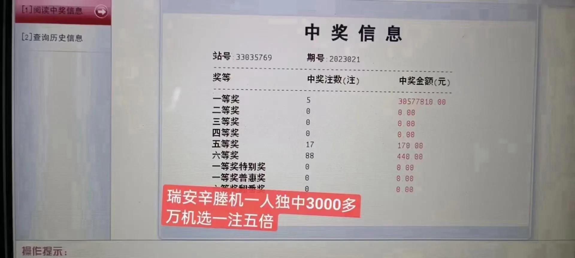 手指粗糙!温州瑞安一村民10元机选1注号中双色球3057万成功上岸