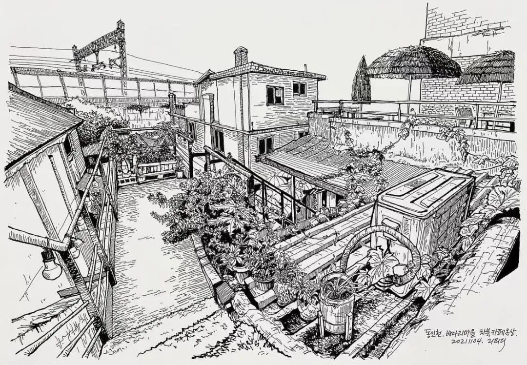 日本画家创作的铅笔街景速写,韩国速写大师