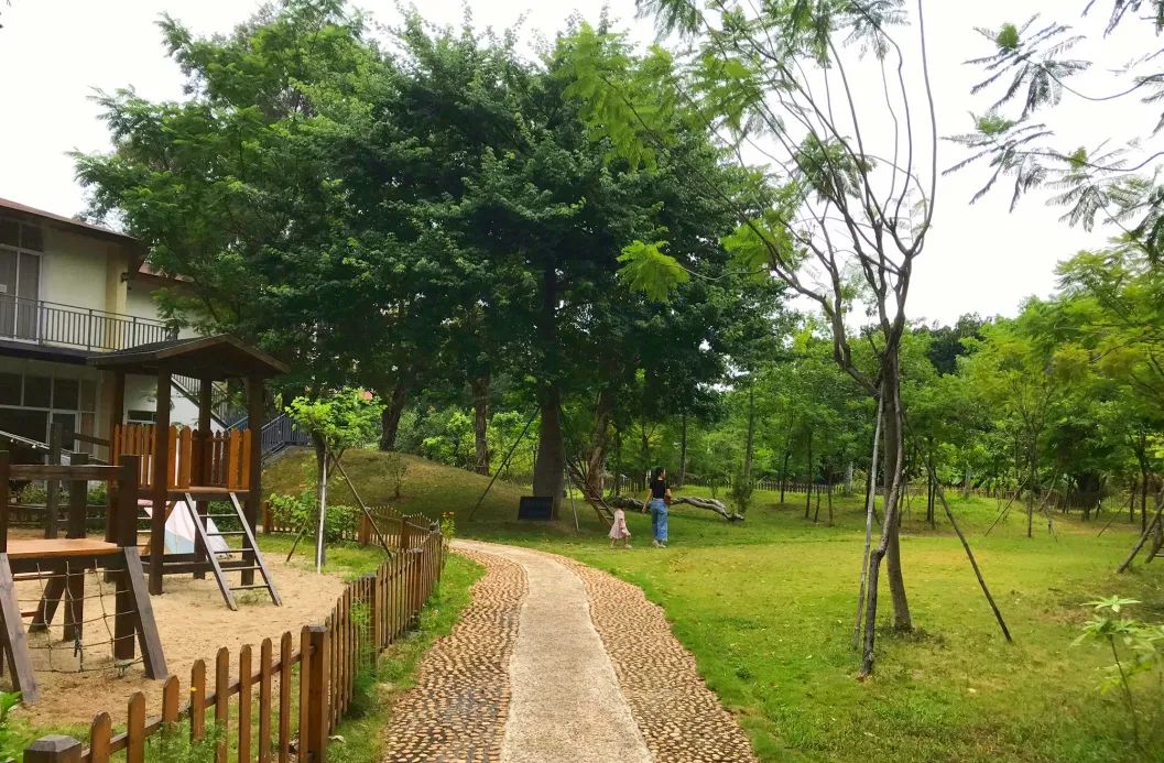 一个有大片绿地、果树、鱼塘、菜地，还有小鸡和鸭子的小岛幼儿园