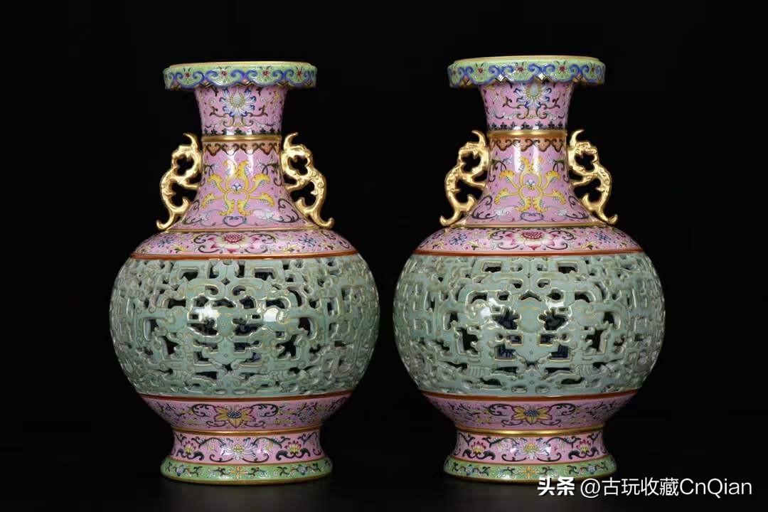 清朝珐琅彩双耳描金花瓶,清代乾隆御制珐琅彩古月轩花瓶