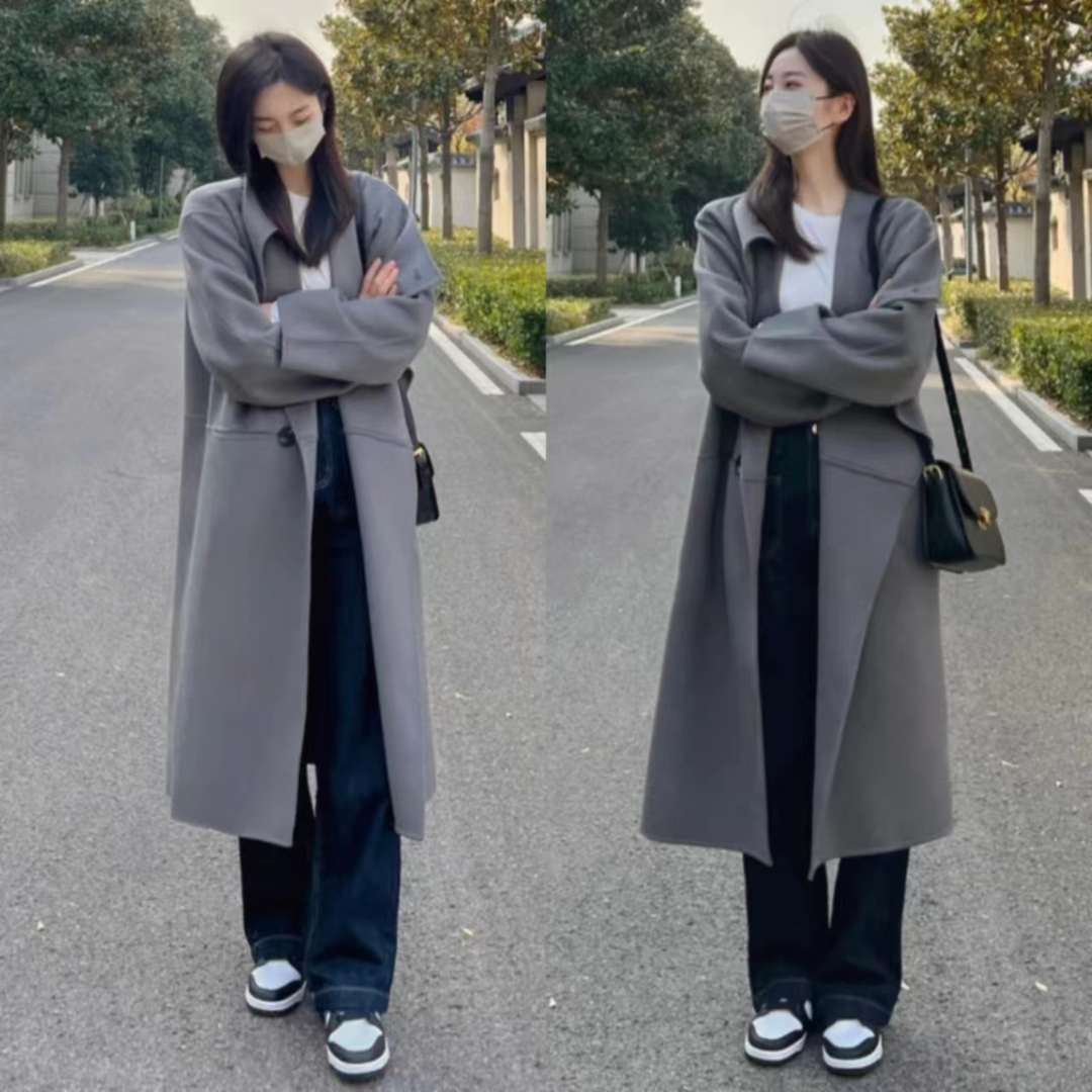 灰色大衣和黑色大衣哪个配jk好看,灰色双面羊绒牛角扣大衣小个子150