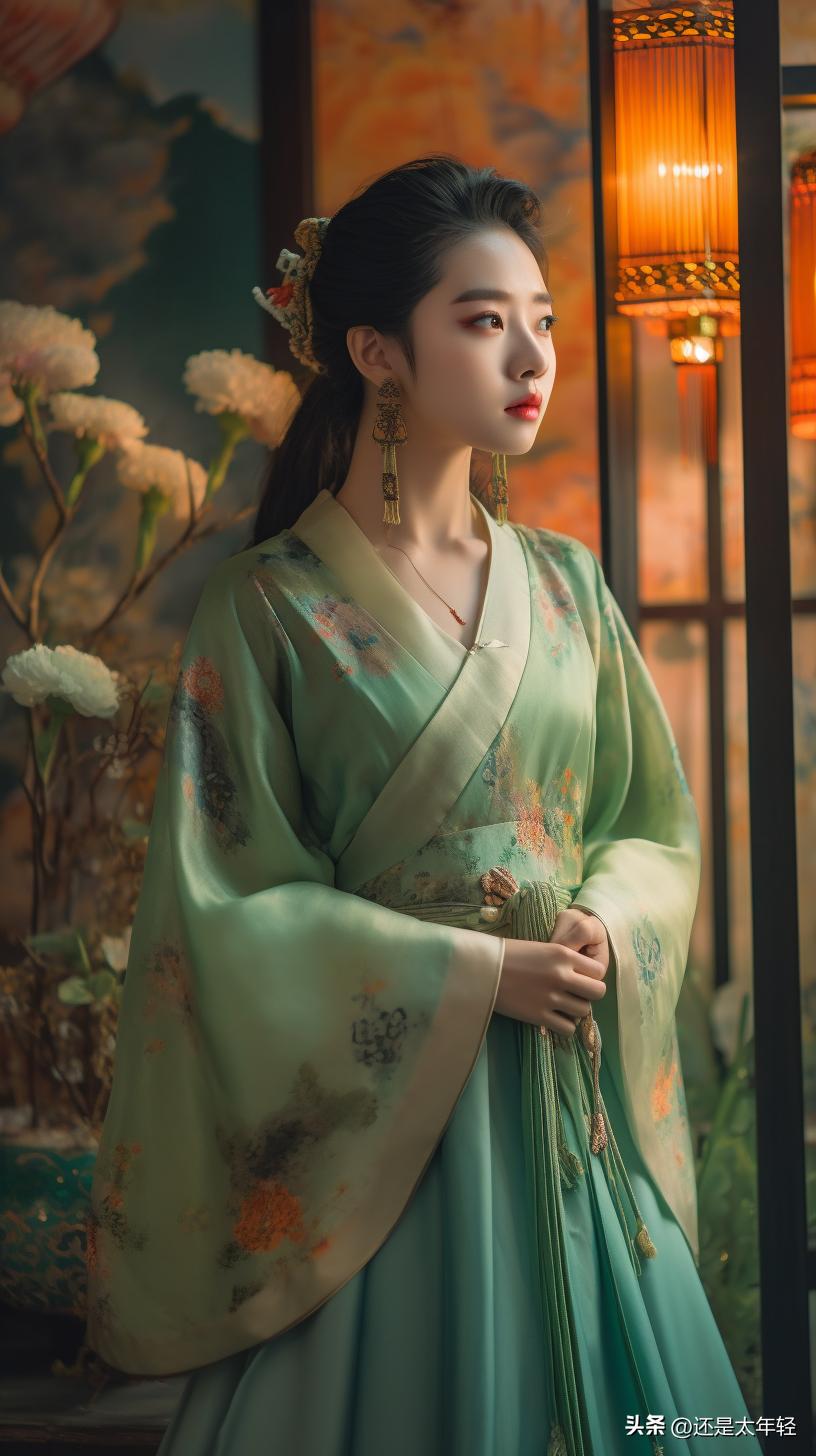 青色长袖12-15岁女童汉服,少女汉服服饰