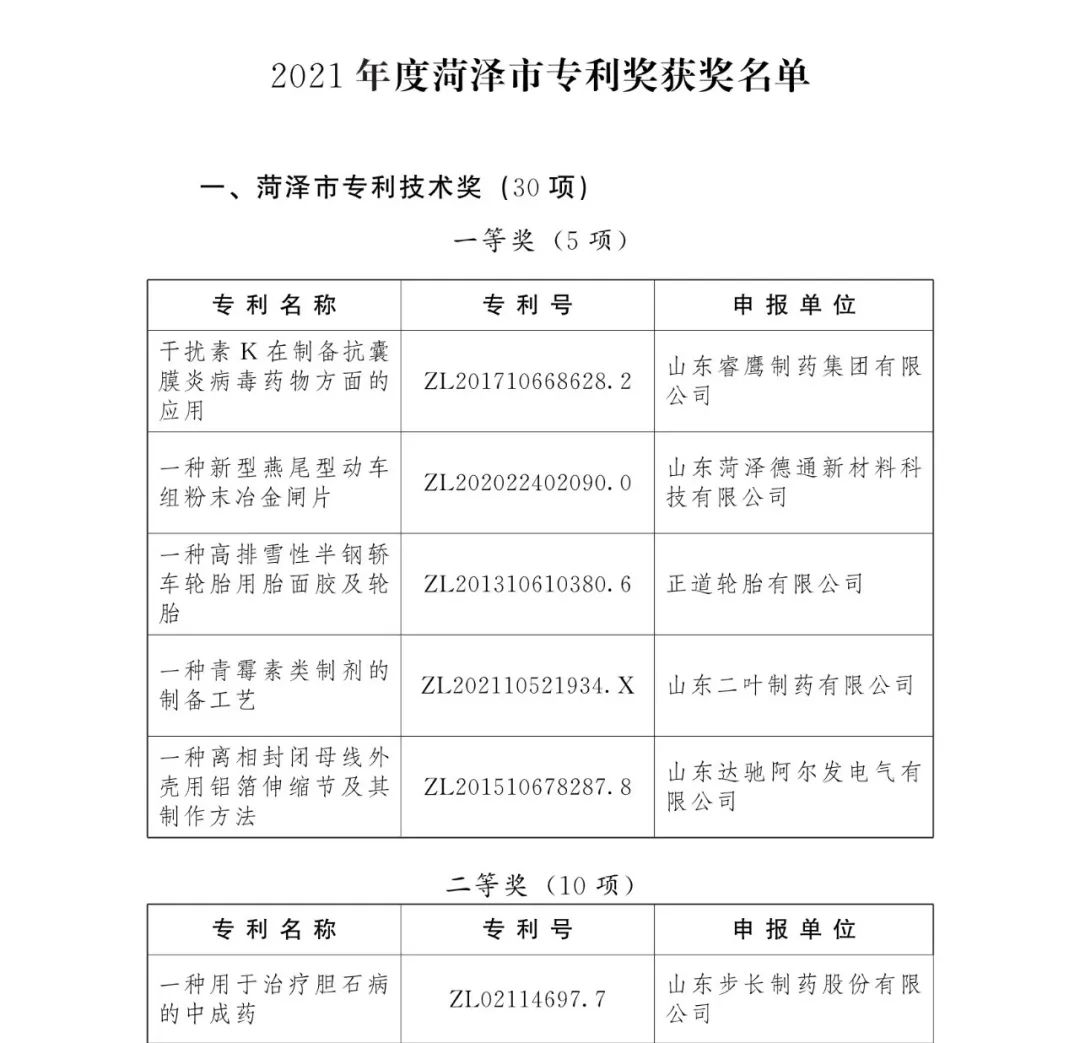 2023年菏泽市专利奖,菏泽市科技进步奖
