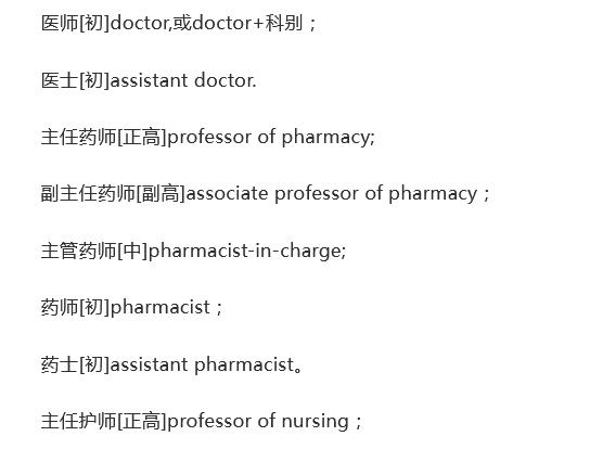 各种类别职称的英文翻译