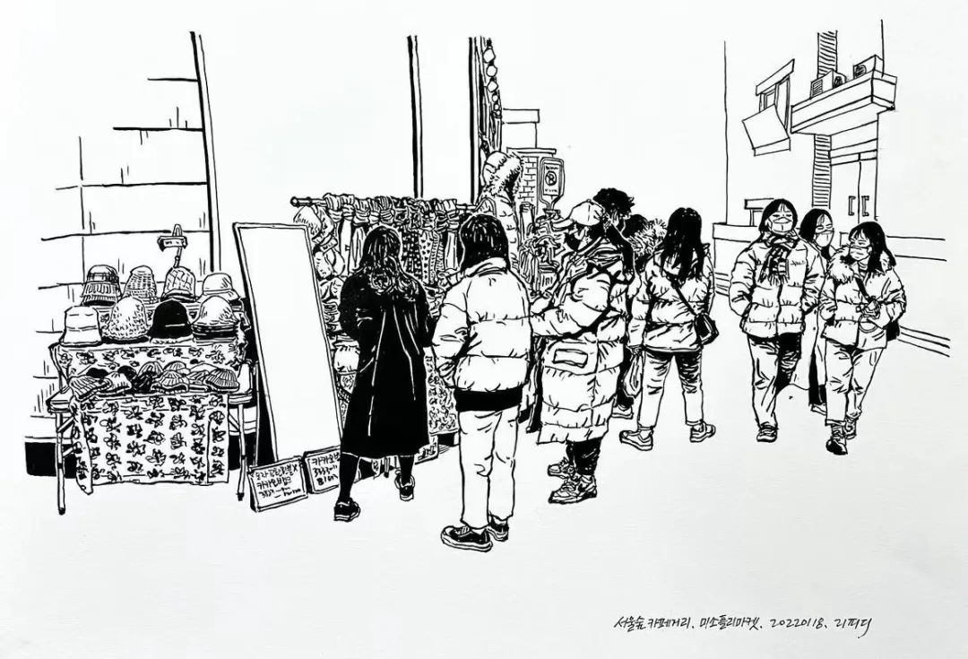 日本画家创作的铅笔街景速写,韩国速写大师
