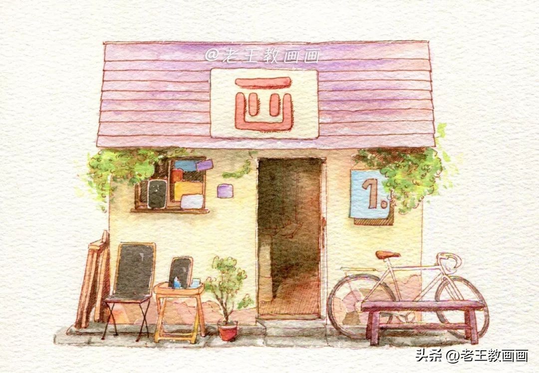 日式小屋水彩简单图片,烟雨系小清新森林水彩画