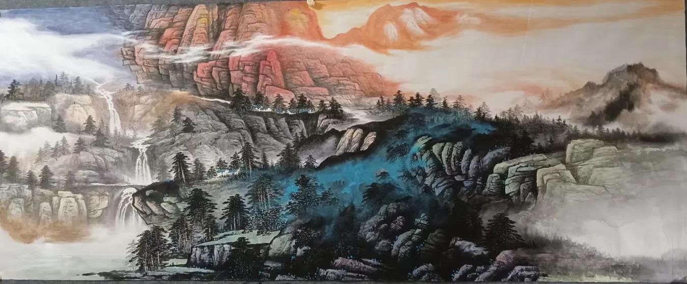 办公室山水画背景墙挂画流水生财,鸿运当头山水画背景墙办公室