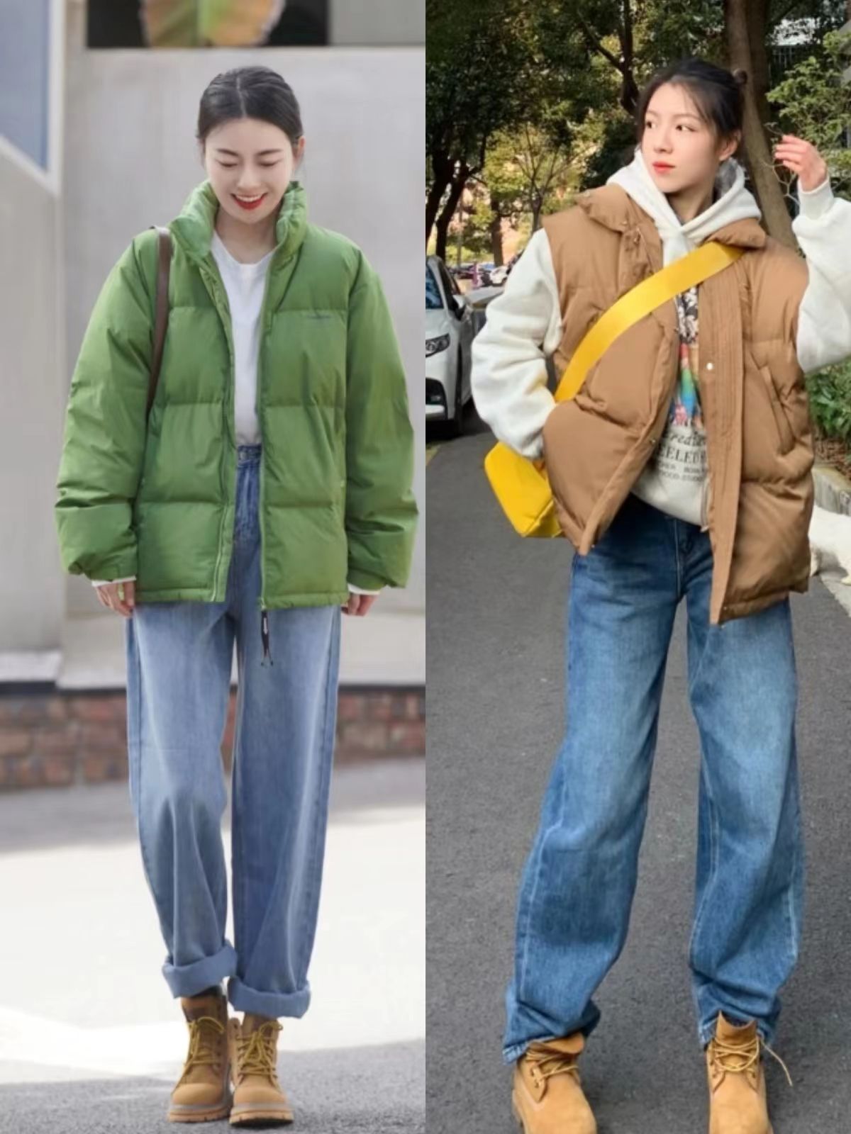 白色羽绒服配大黄靴马丁靴,今年流行的羽绒服配长筒靴