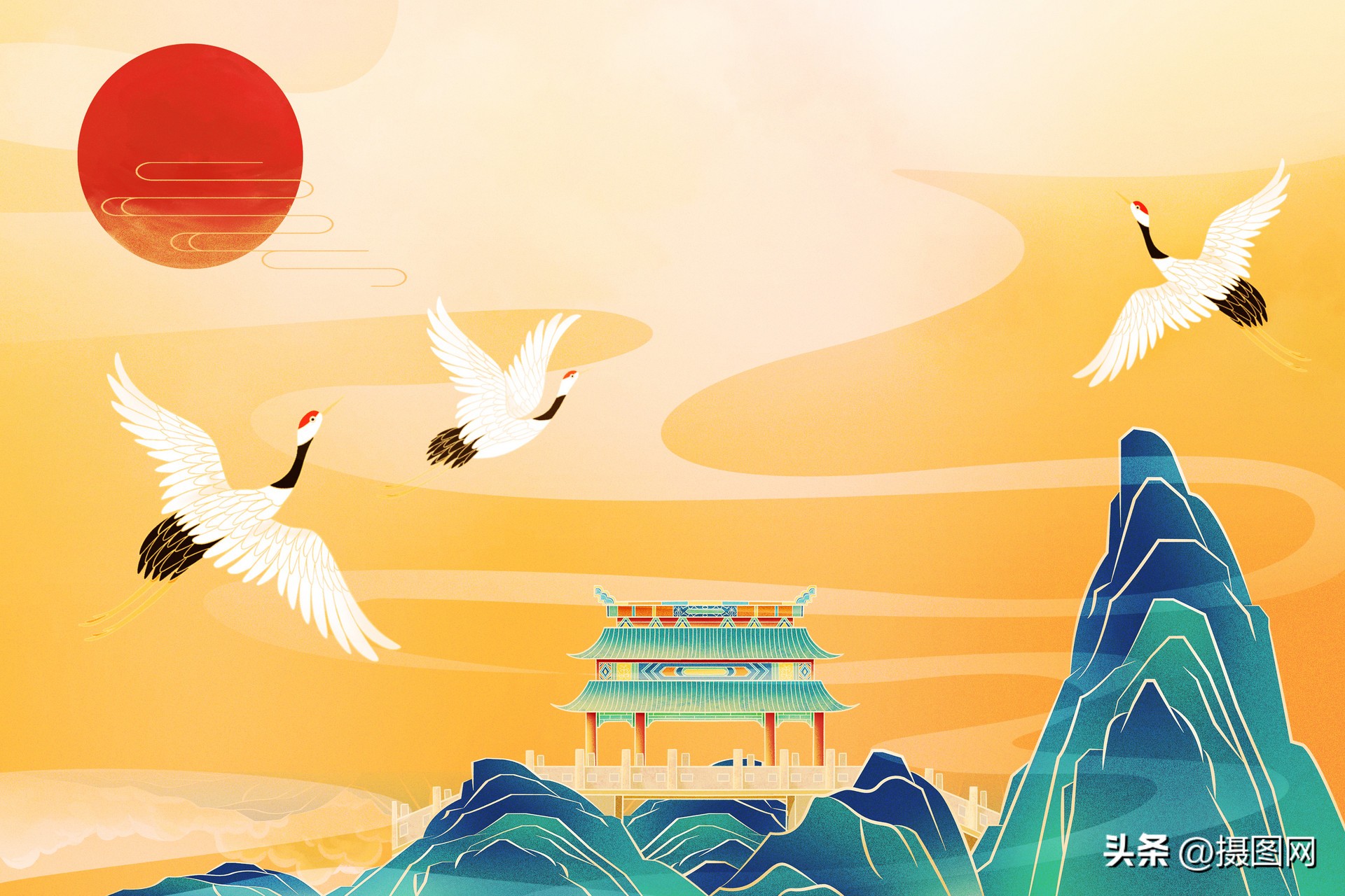 国潮风手绘山水设计素材图文,手绘国潮山水素材背景