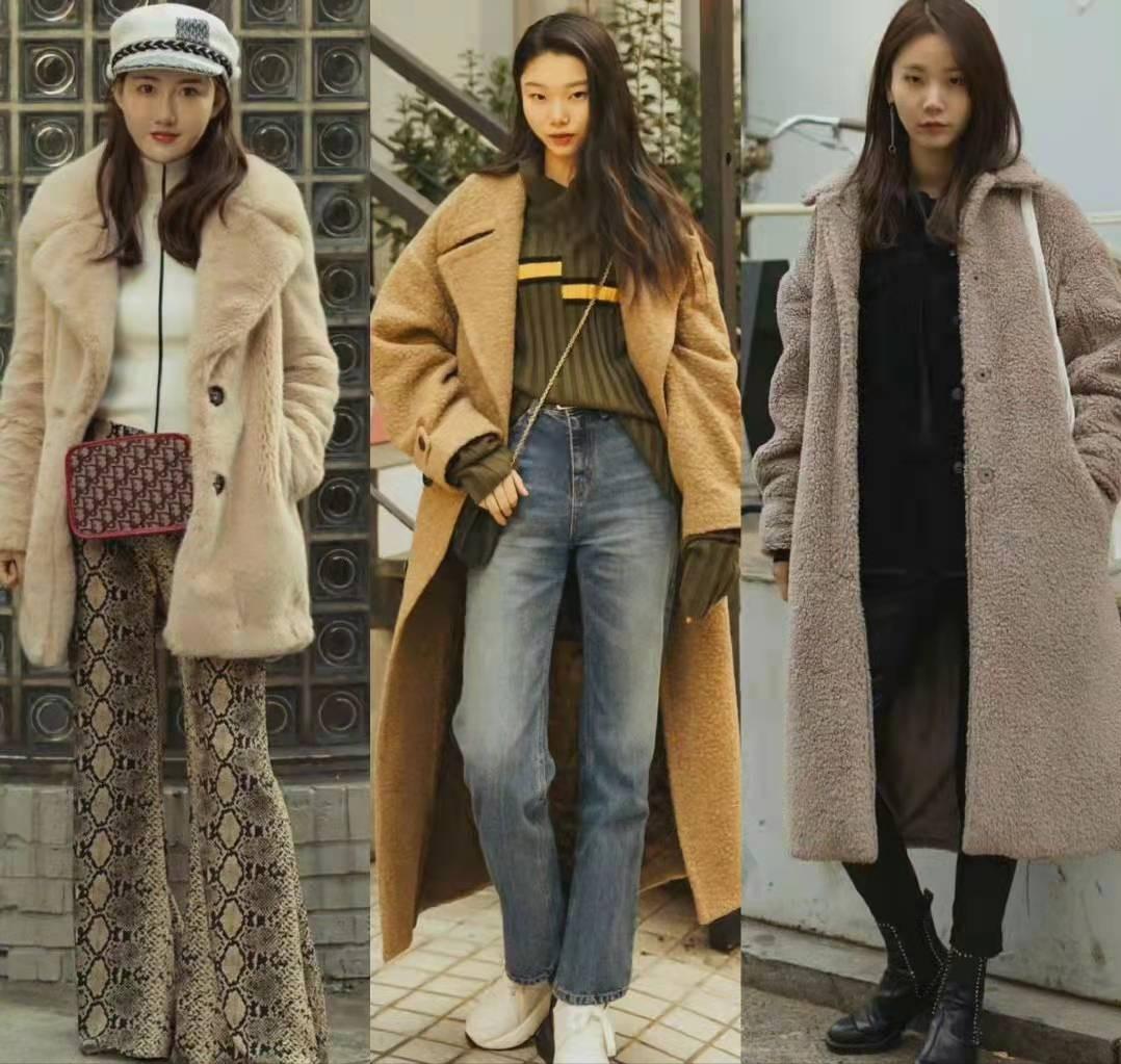 韩国穿搭街拍秋冬羊羔大衣,街拍韩国女孩穿搭示范