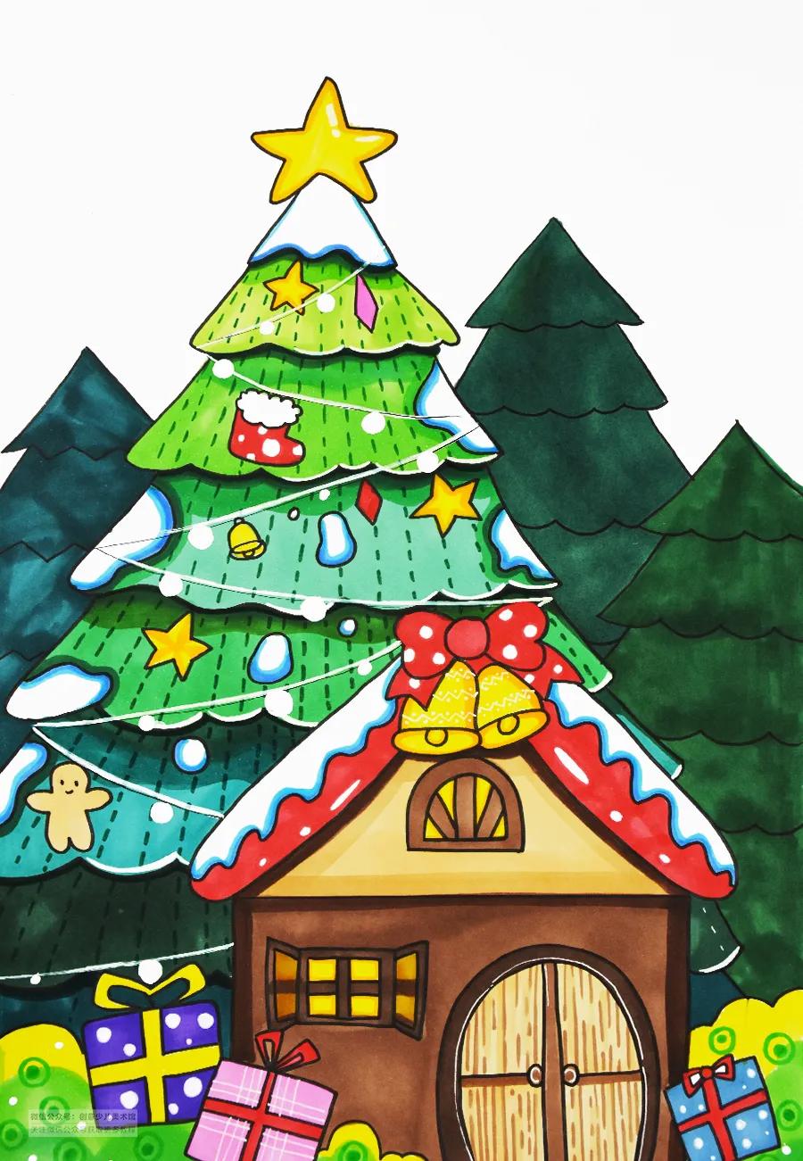 儿童画教程｜圣诞节主题美术课程《美丽的圣诞小屋》