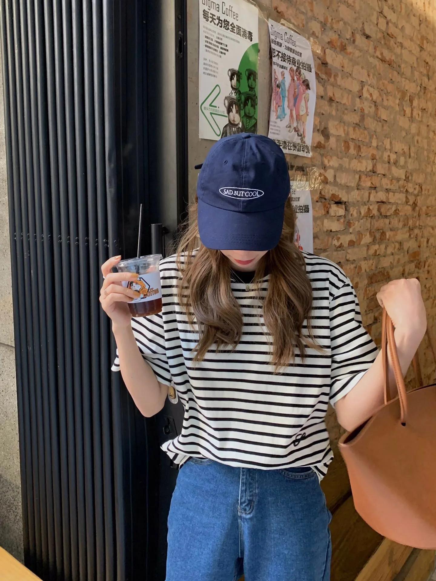 韩系短袖女显瘦,韩国经典百搭方领条纹针织短袖