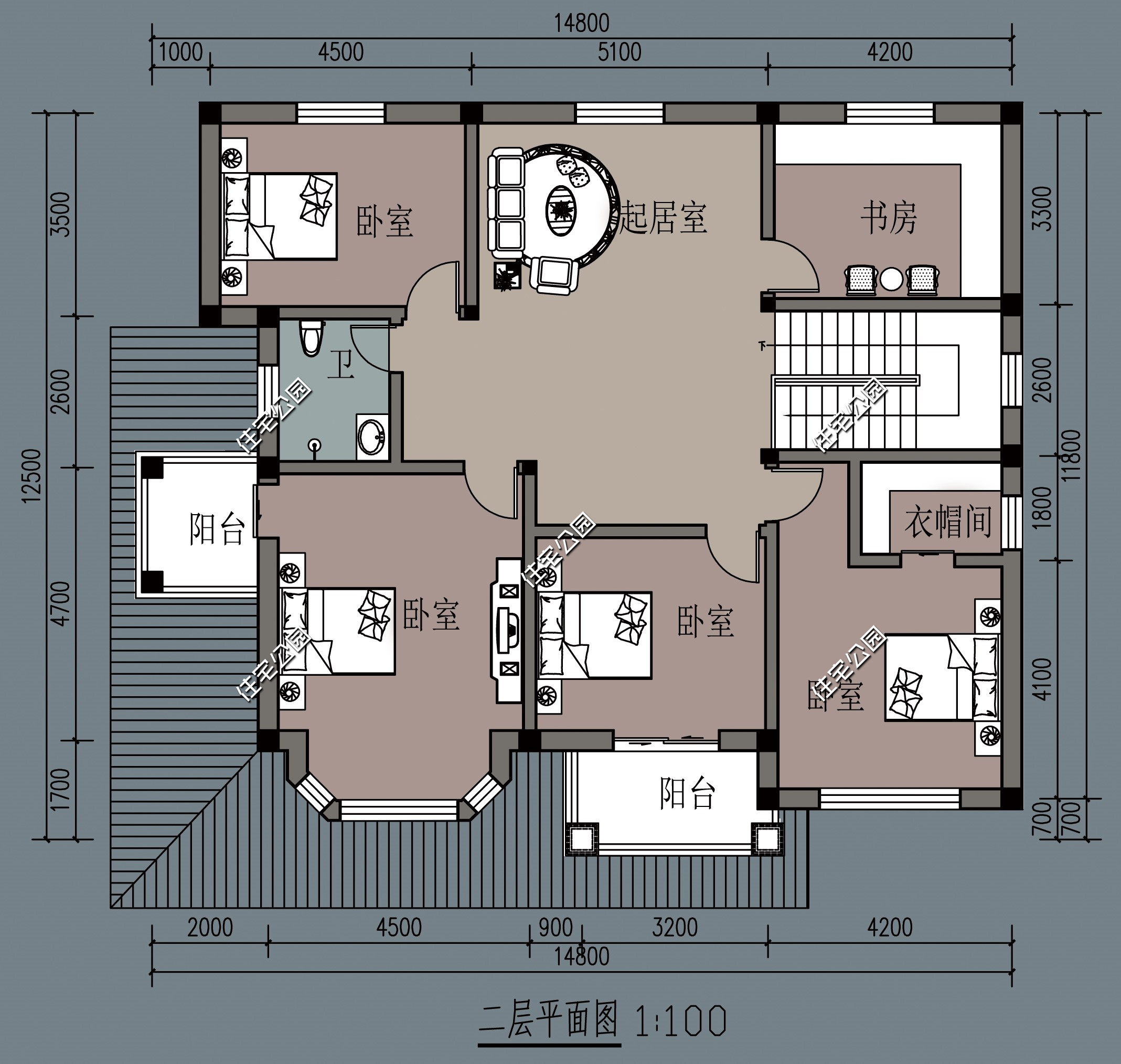 农村简单大气的二层别墅户型,11.5米x11米二层半现代别墅平面图