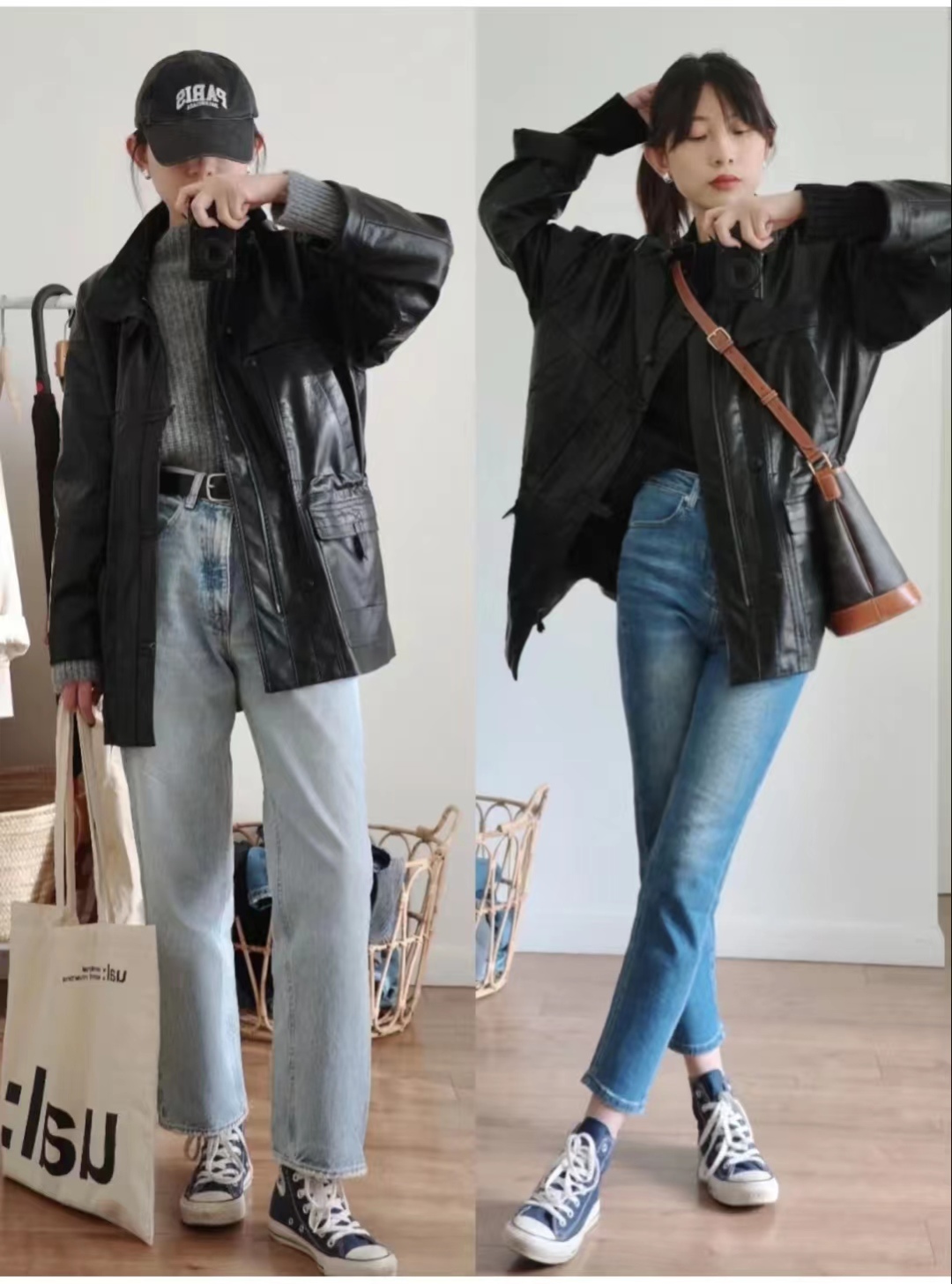 黑色皮衣套装甜酷风,皮衣复古风穿搭