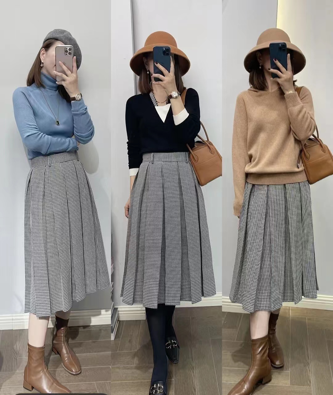 千鸟格半身裙秋冬款a字版30岁,黑白千鸟格半身裙配原绒色毛衫