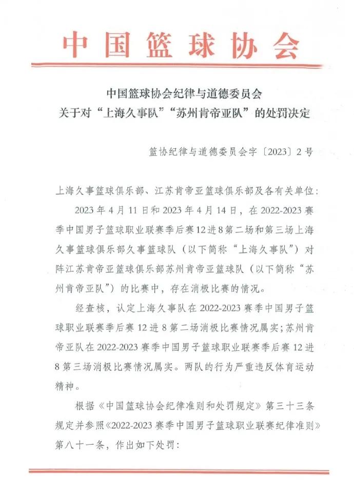 篮协通报苏沪消极比赛,篮协对苏沪两队作出处罚