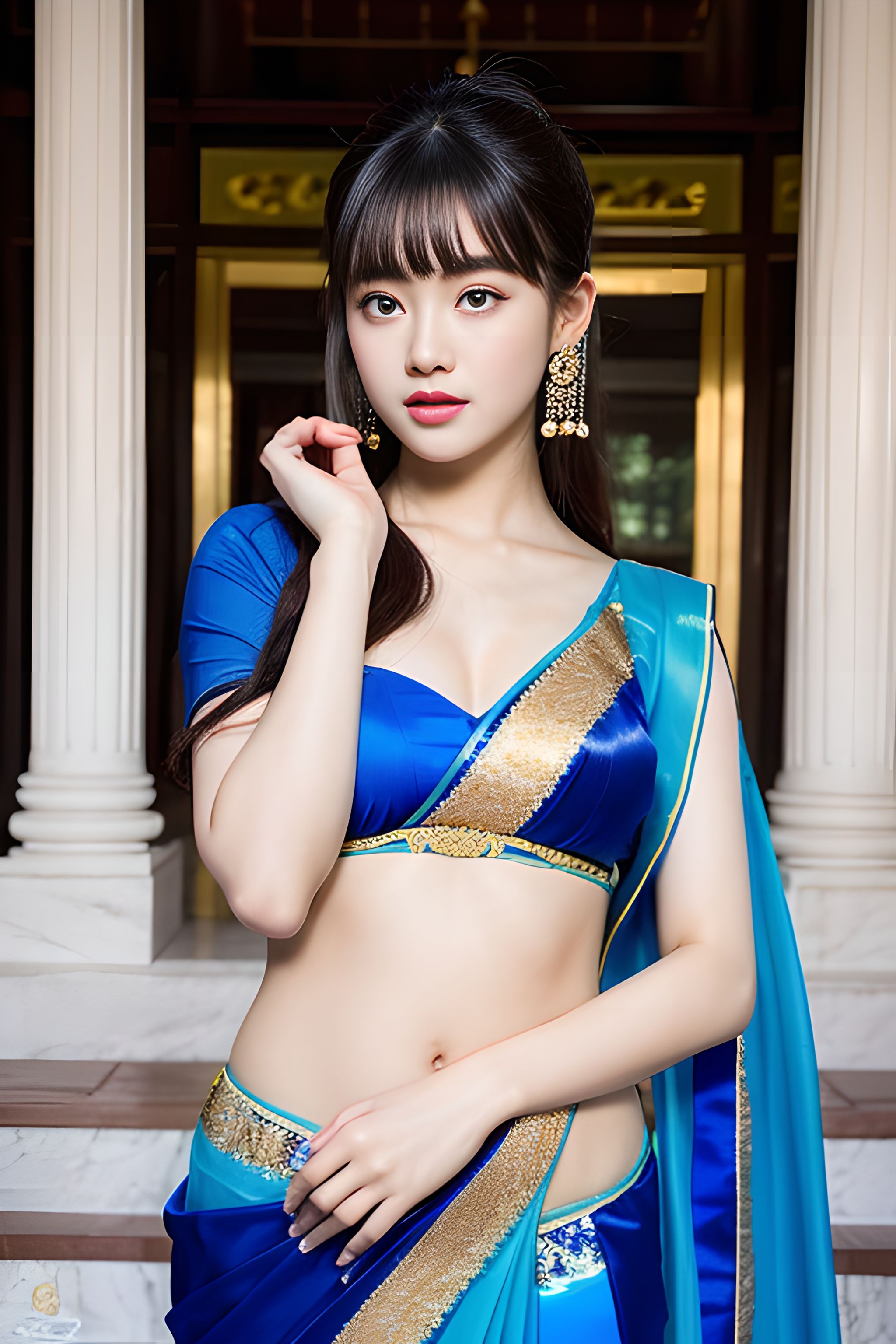 一袭青衣薄纱轻盈灵动,纱丽的穿衣搭配