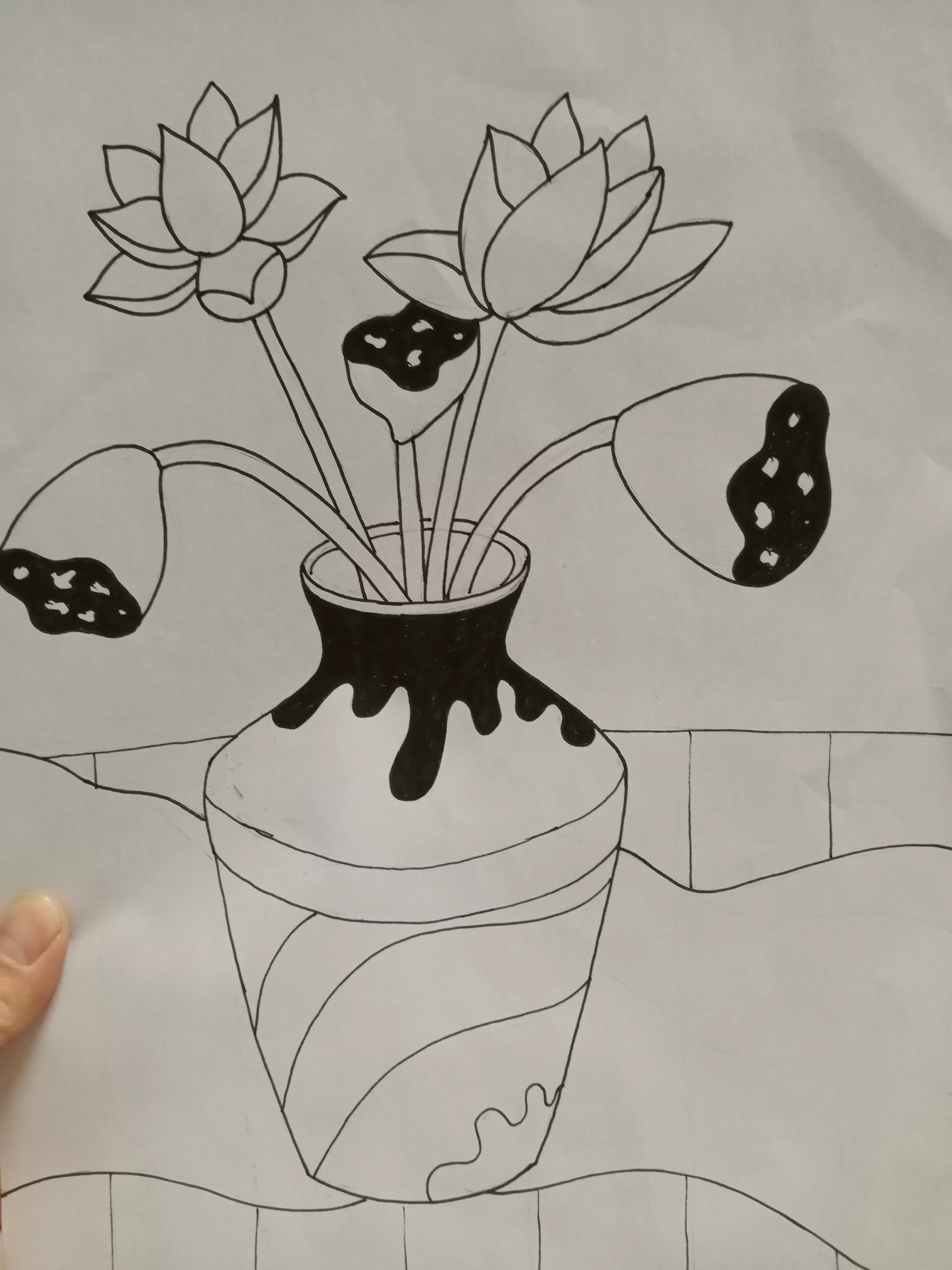 花瓶里的花线描画,线描画花瓶教学视频