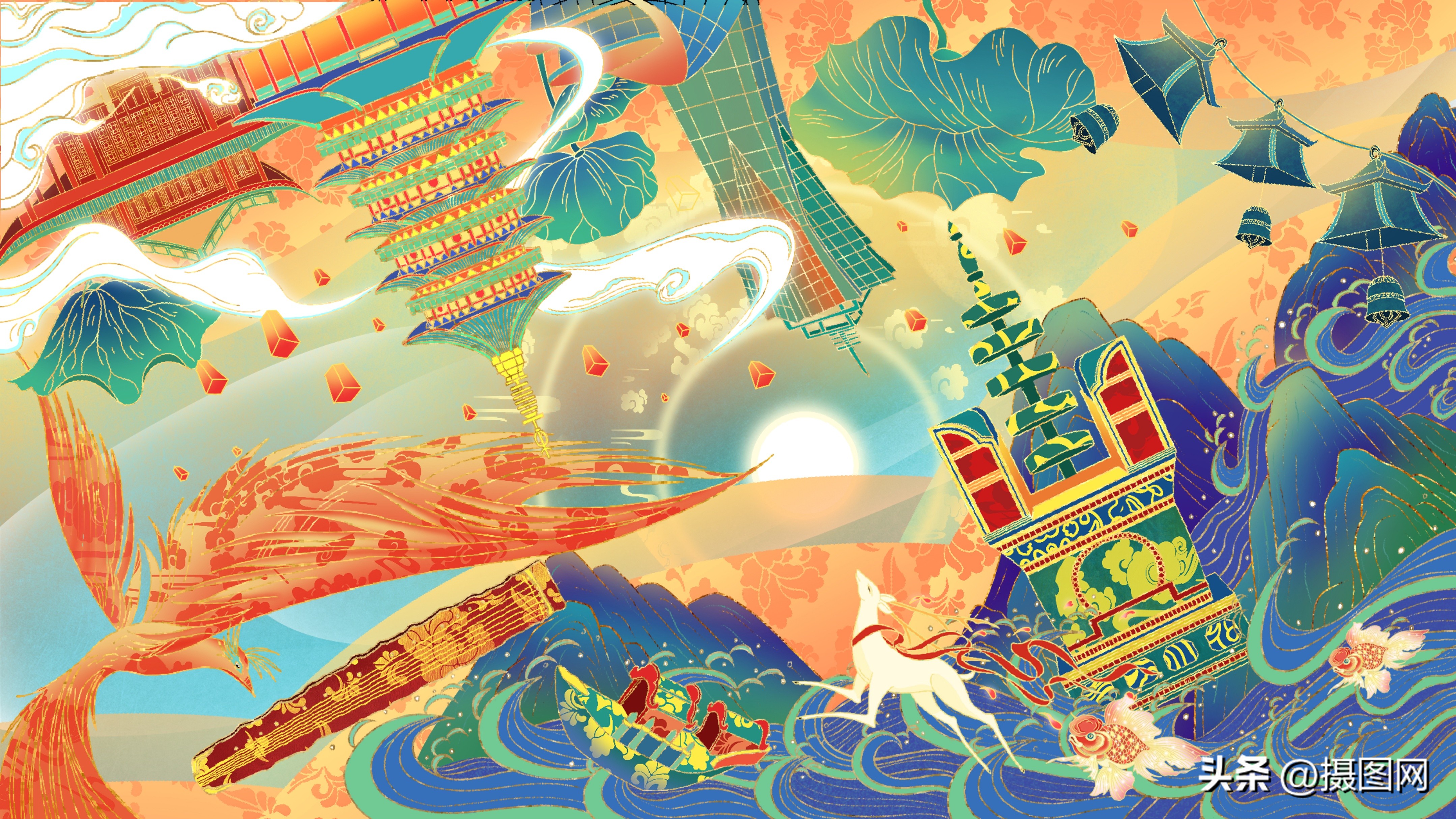 治愈系城市风景插画,扁平风插画风景城市