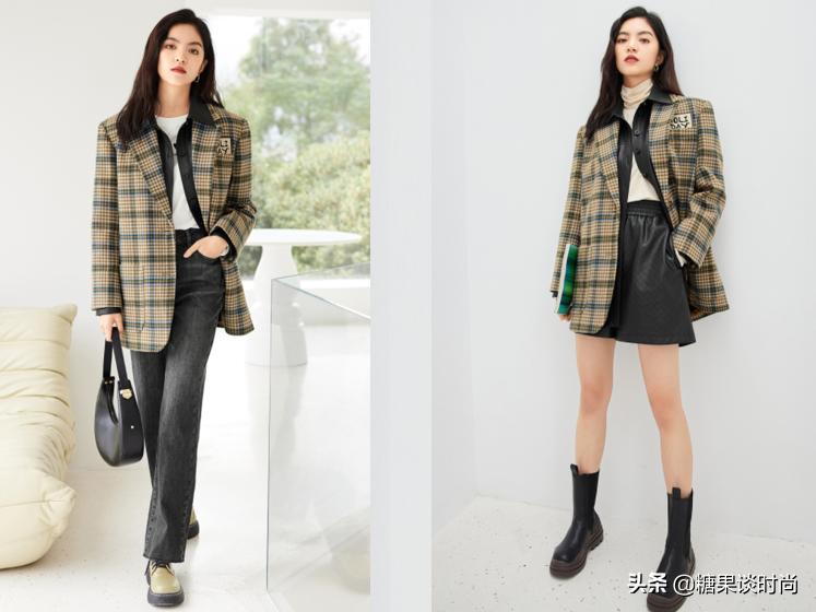 明星细格子西装外套搭配,黑白格子西装配什么裙子好看