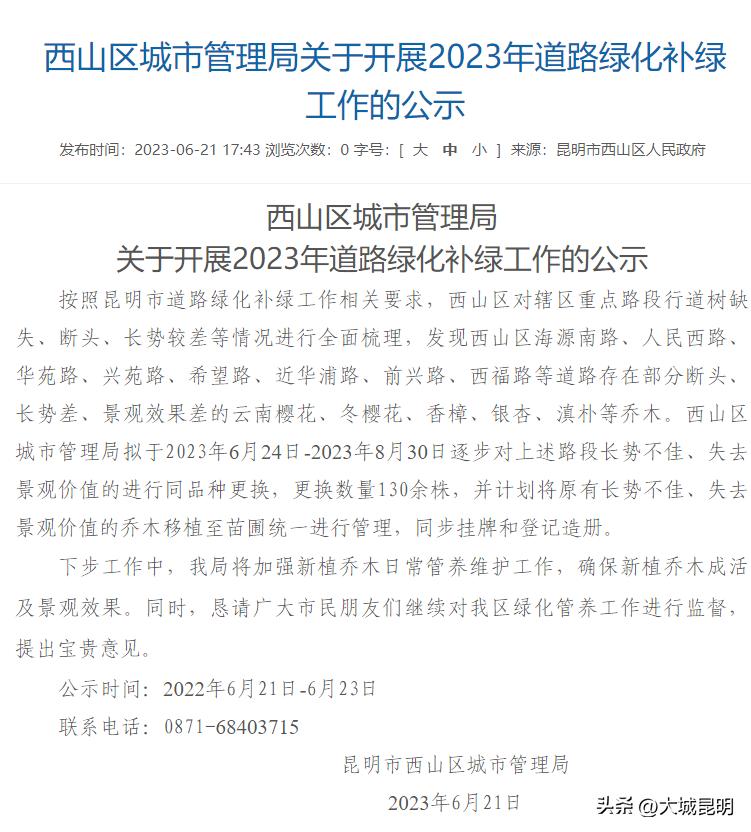 补绿换绿增绿！西山区道路沿线景观将焕然一新