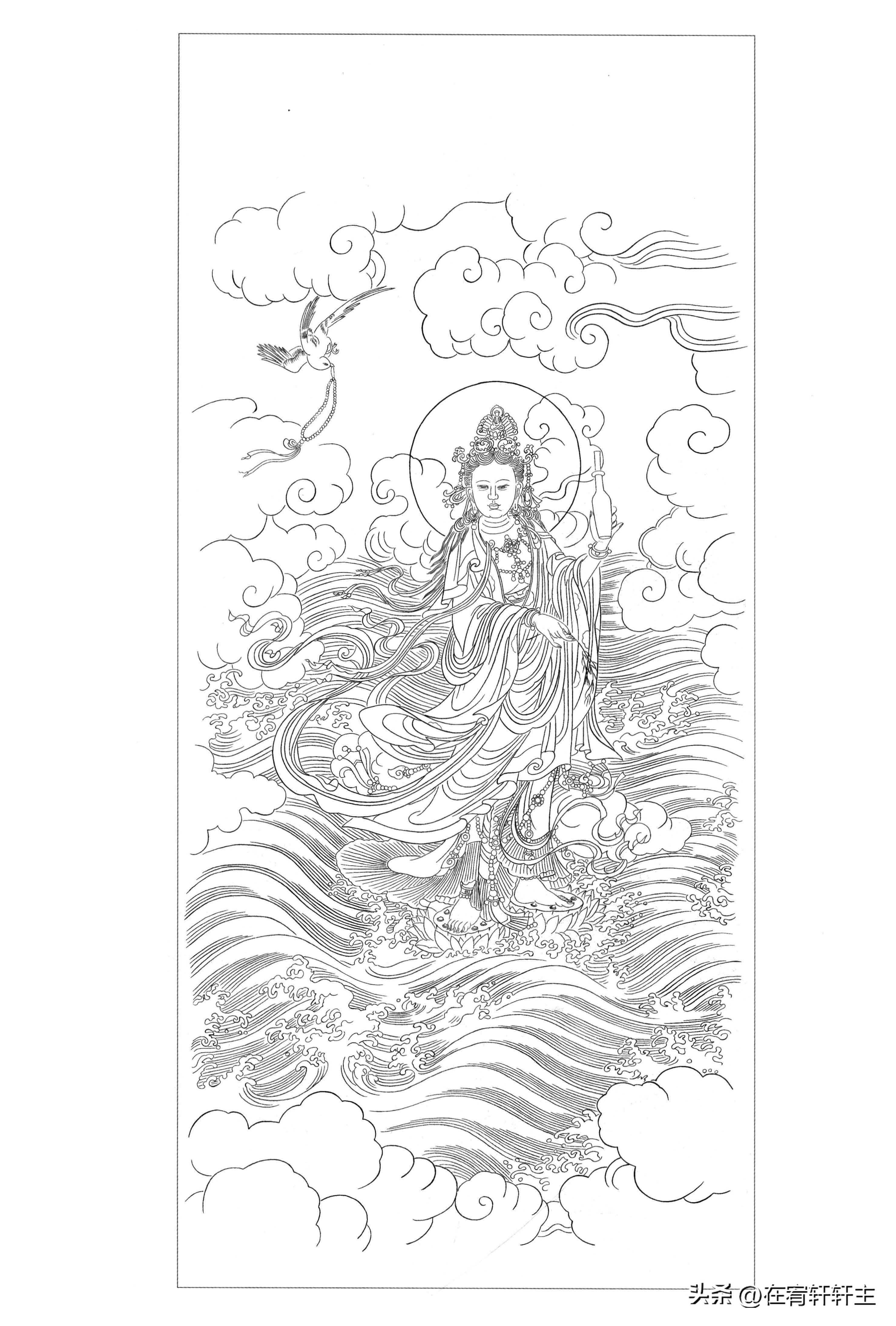 工笔白描观音苏柏斗,工笔画国画白描观音