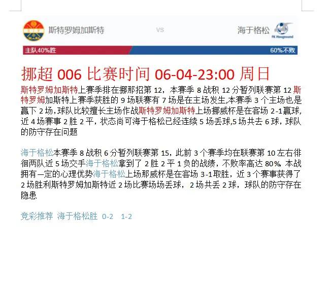 6-4号周日足球赛事分析预测