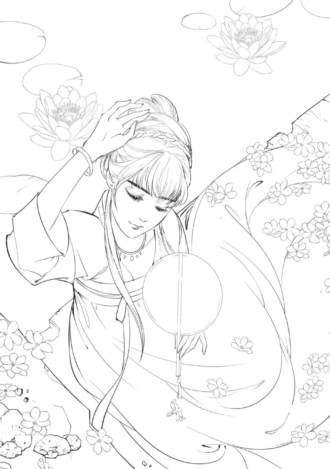 手绘山海经古风人物线稿,手绘动漫古风女生线稿简单