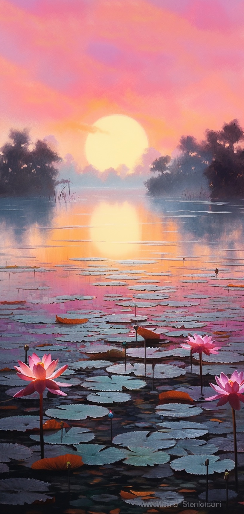 荷塘月色绝美油画,禅意荷塘油画