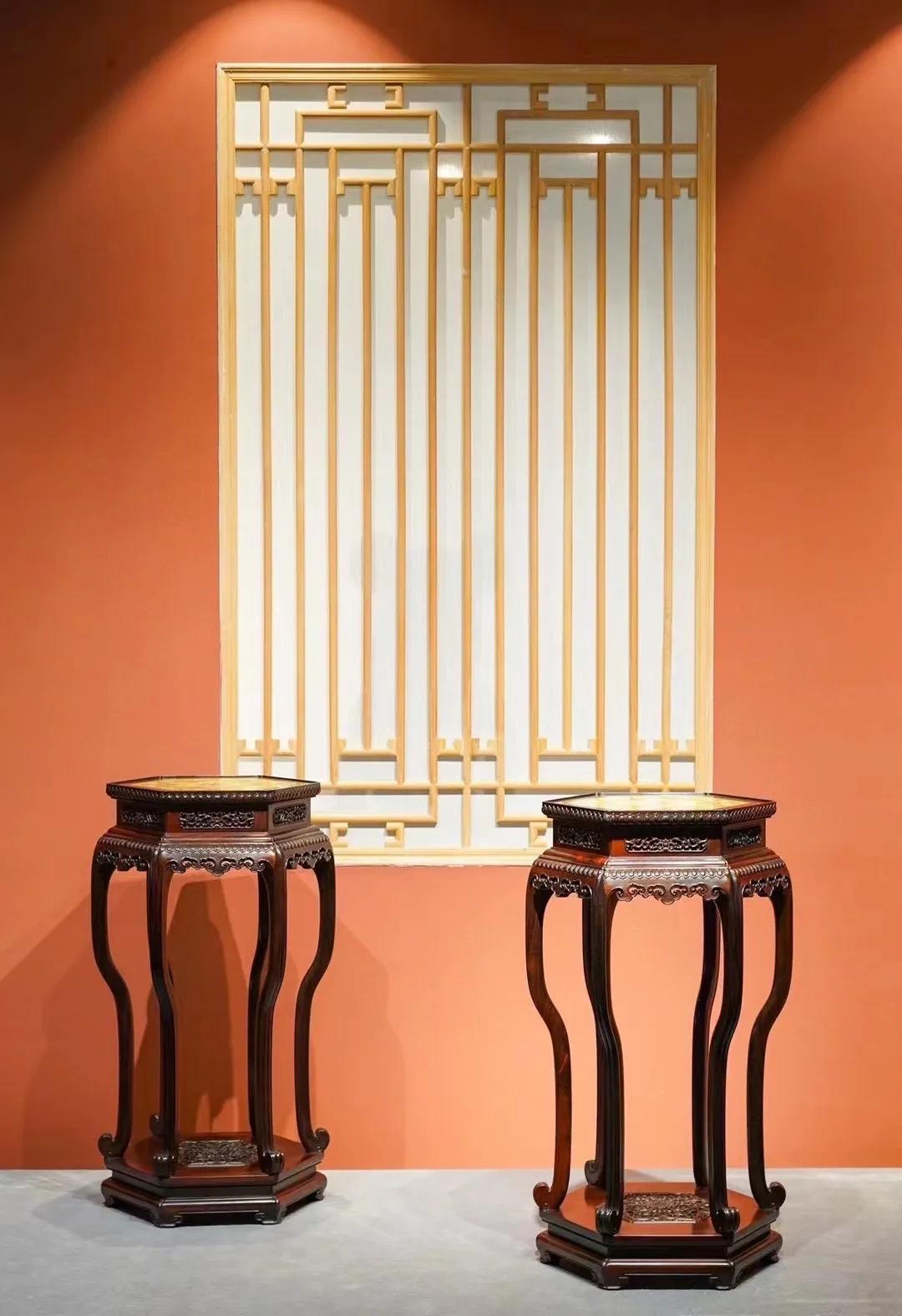 宫廷风｜镶珐琅六边几｜大红酸枝规格：46*46*90cm