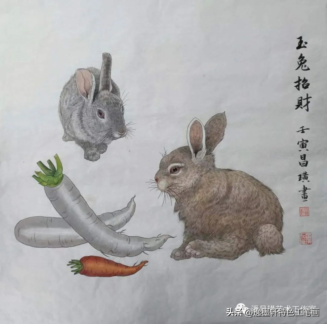 兔子工笔画红叶双兔,国画工笔兔子作品欣赏图片