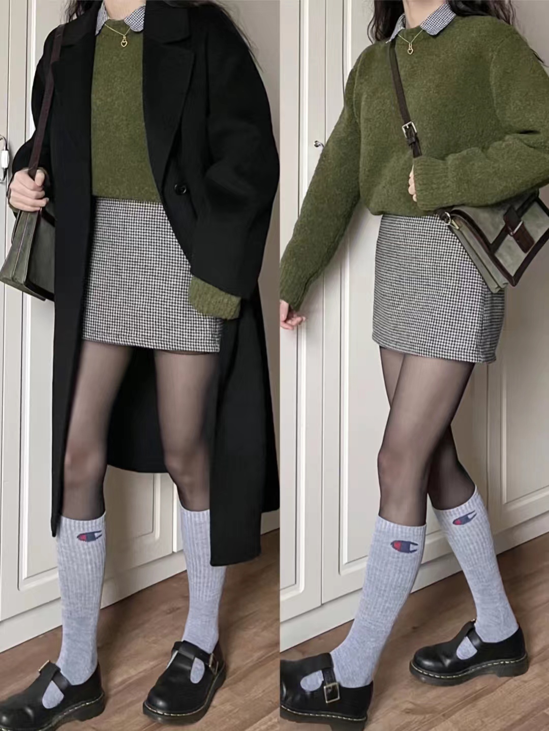 千鸟格半身裙秋冬款a字版30岁,黑白千鸟格半身裙配原绒色毛衫