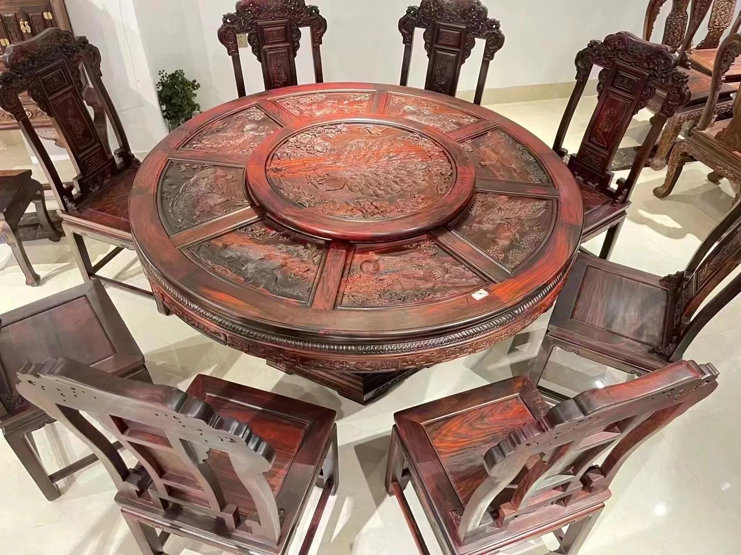 大红酸枝满雕餐桌,大红酸枝开屏餐桌