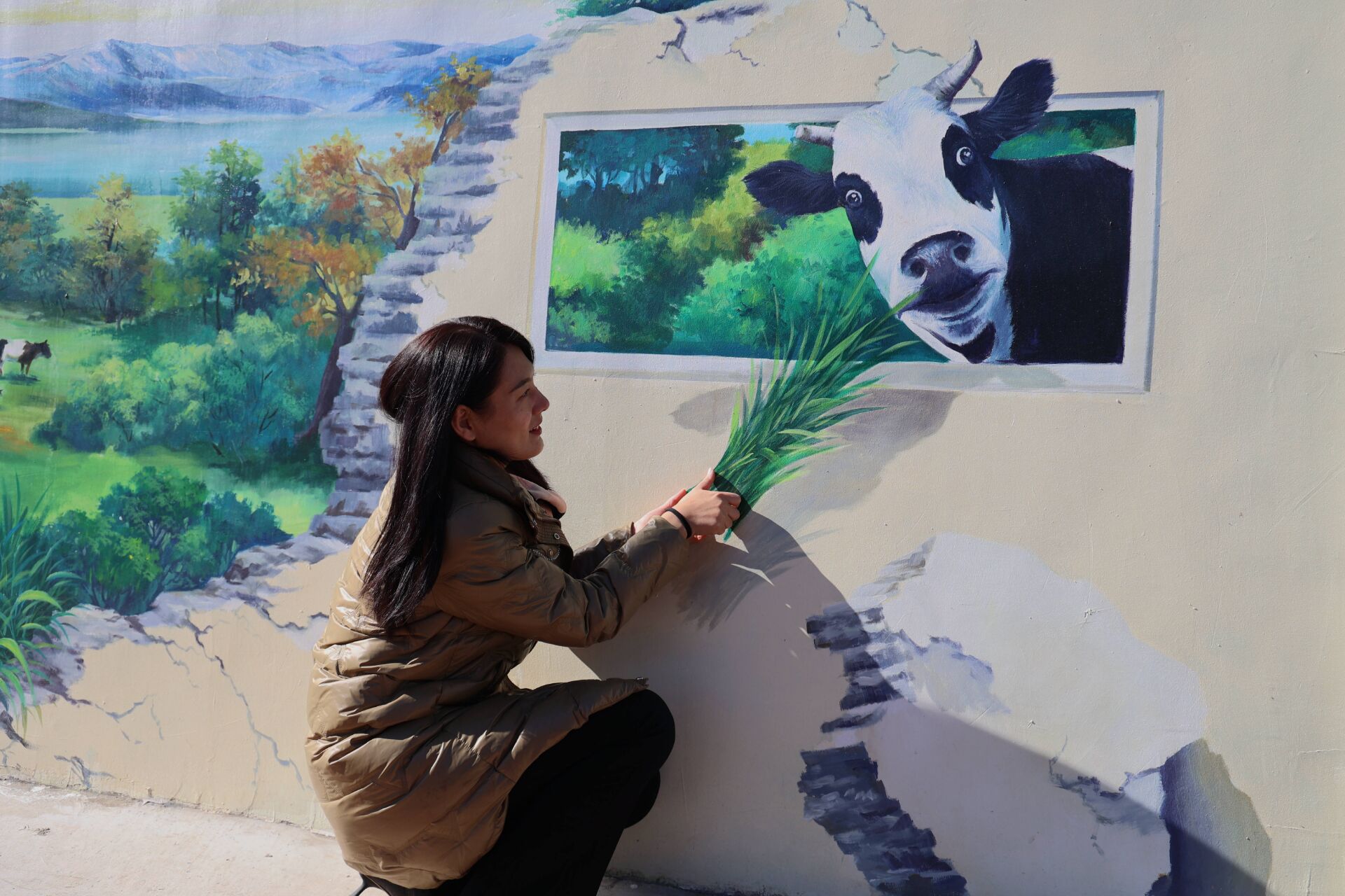 手绘3d风景,水彩风景画乡村田园古镇